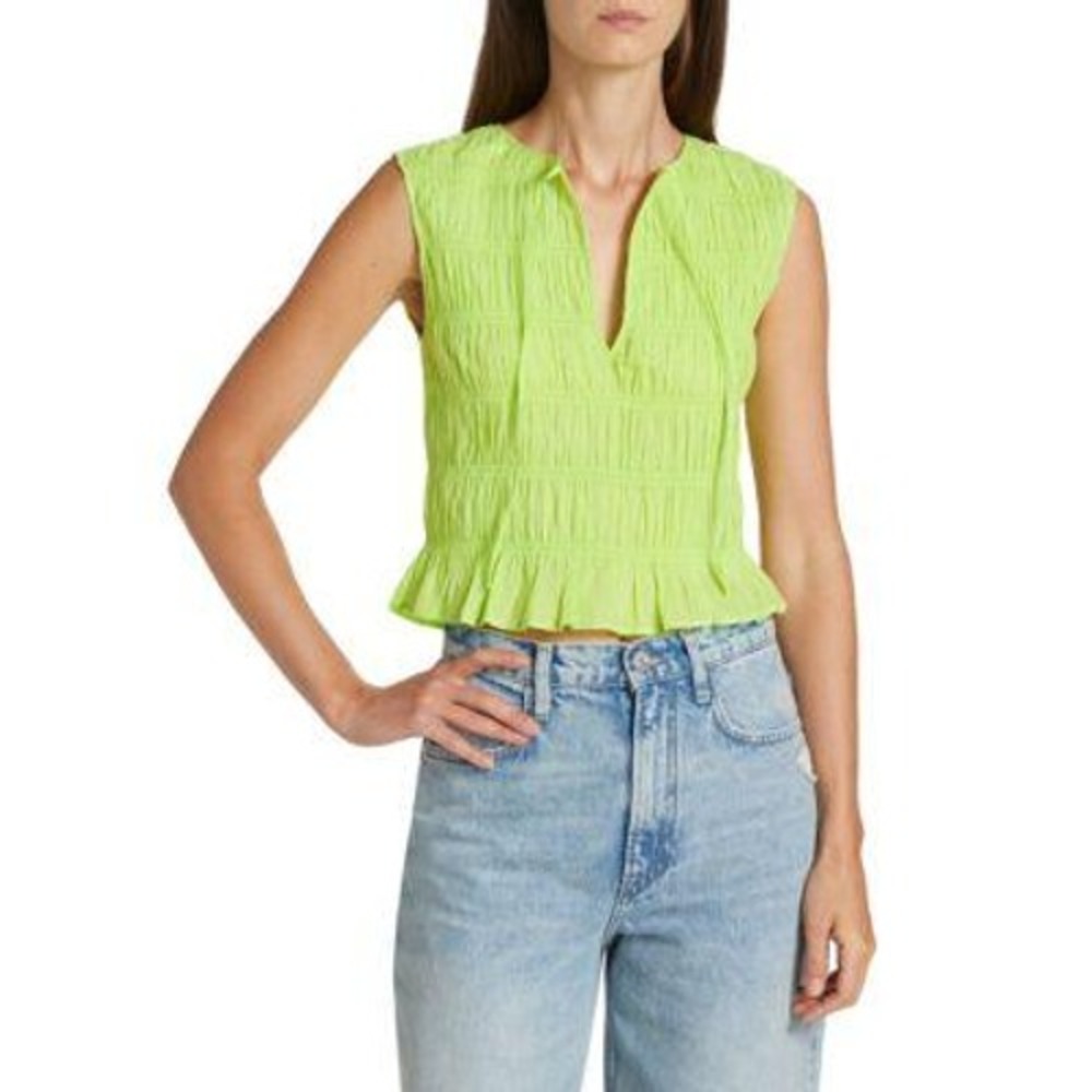 FRAME Green‎ Smocked Shirred Peplum Tank Top M/M Cotton V Neck Sleeveless